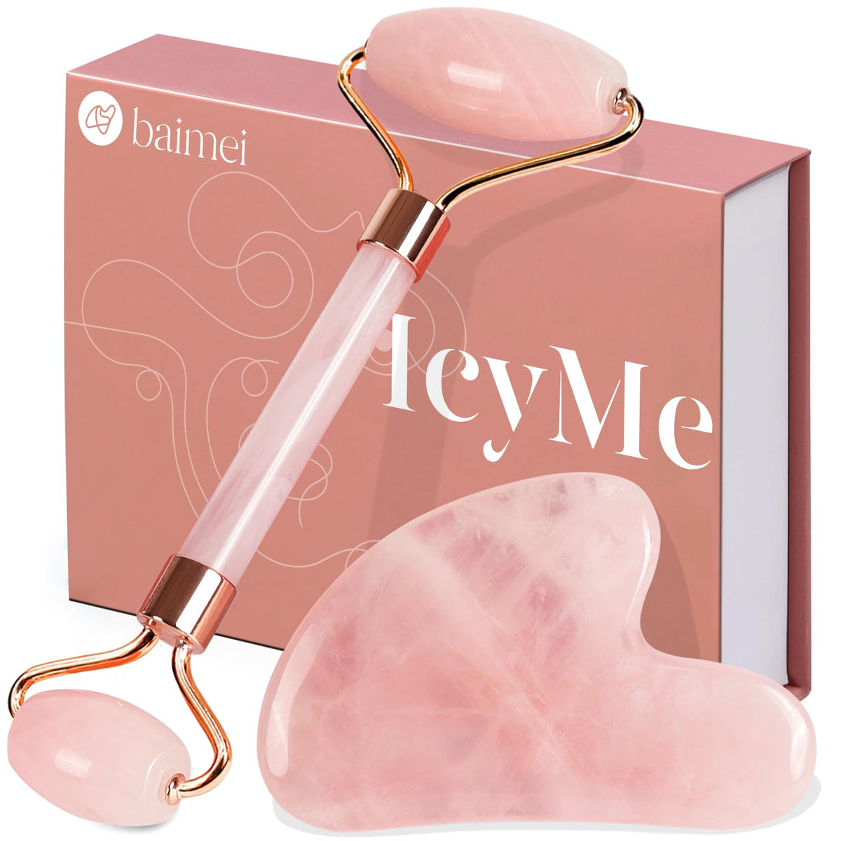 BAIMEI rose quartz face roller and gua sha set