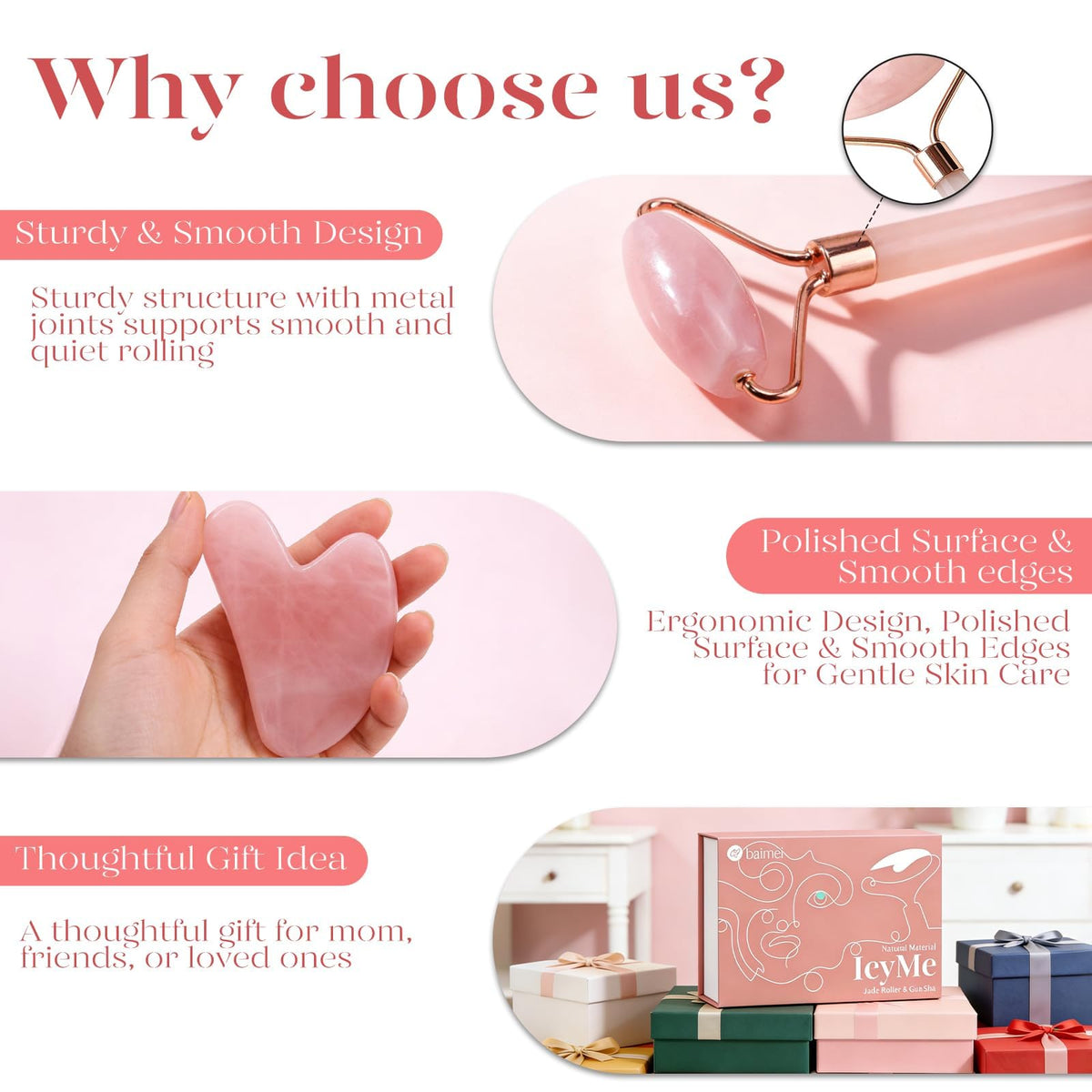BAIMEI Rose Quartz Face Roller & Gua Sha Set