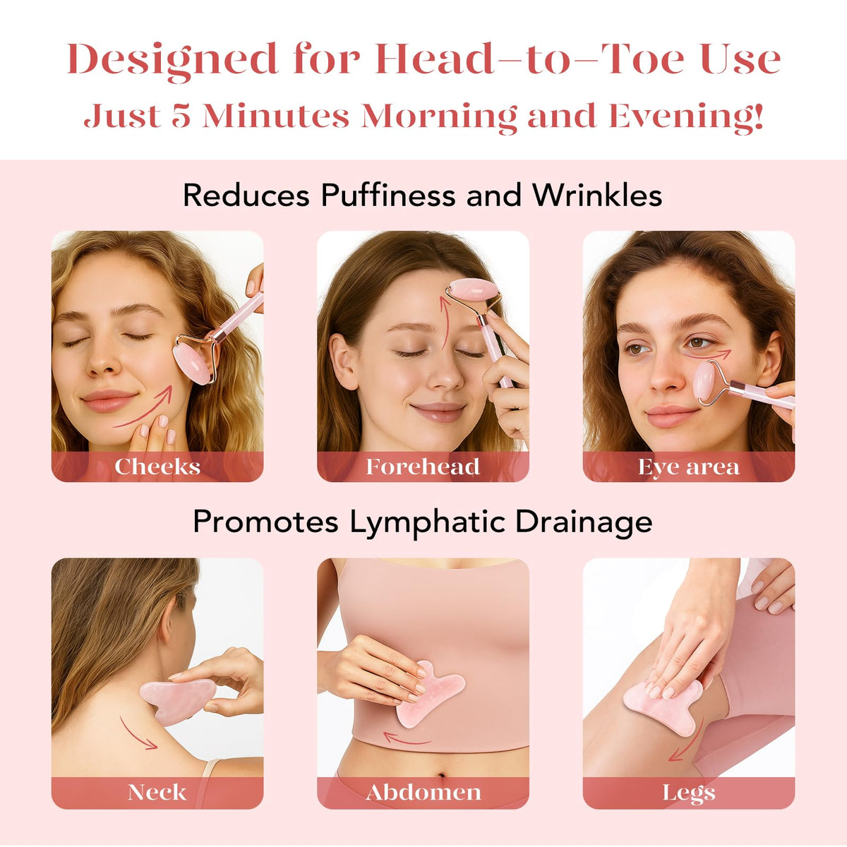 BAIMEI Rose Quartz Face Roller & Gua Sha Set