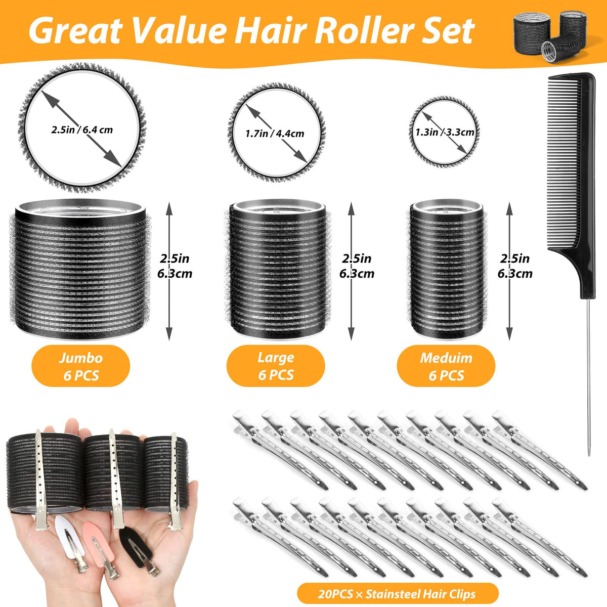 Qinzave Self-Grip Hair Roller & Clip Set — 3 Sizes